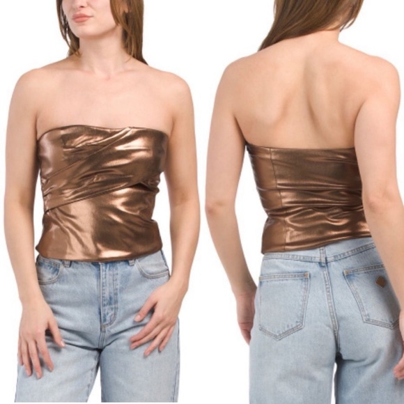 🌟 ZARA COPPER FAUX LEATHER METALLIC OPEN SHOULDER CROP TOP! - Picture 6 of 15